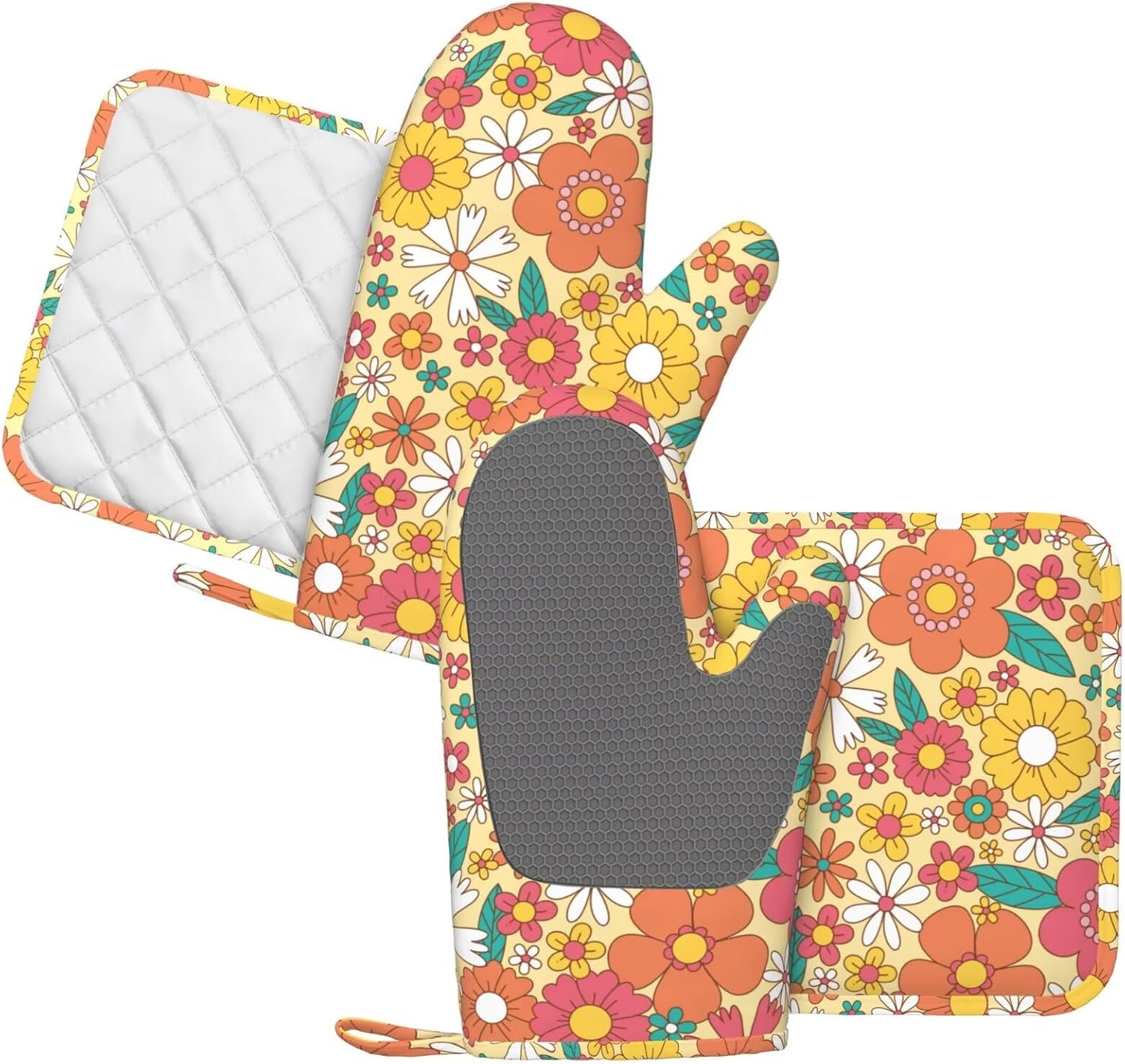 Hippie Groovy Flower Oven Mitts Pot Holders Set Silicone Heat Resistant Flowers Florals Pattern Oven Mitts and Hot Pads Potholders Non-Slip Oven Gloves for Cooking Baking Grilling BBQ