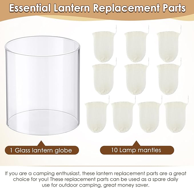 11 Pcs Propane Lantern Mantles with Glass Replacement Globe, Standard Lantern Replacement Parts U Shape & Mantles, Camp Lamp Mantle Compatible with Coleman Fuel Lamp for Outdoor Camping