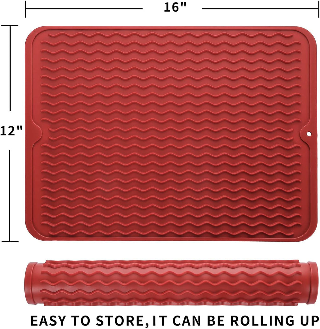 Silicone Dish Drying Mat for Multiple Usage,Easy clean,Eco-friendly,Heat-resistant Silicone Mat for Kitchen Counter or Sink,Refrigerator or drawer liner Red L 16 inches x 12 inches