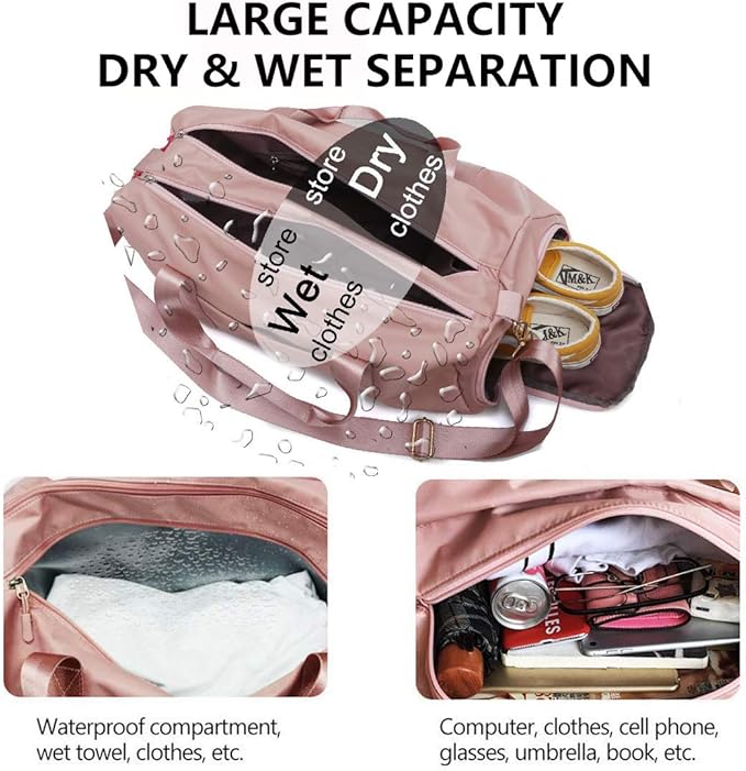 ICEIVY Gym Duffle Bag Dry Wet Separated Gym Bag Sport Duffle Bag Training Handbag Yoga Bag with Extra Drawstring Backpack(Pink-Upgrade) Large
