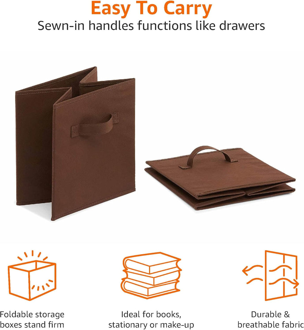 Amazon Basics Cube Organizer Storage Bins Handles, Collapsible Fabric, Pack of 6, 10.5"x10.5"x11", Brown