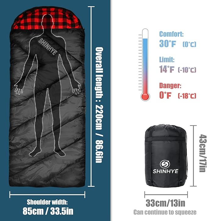 ShinHye 0 Degree Sleeping Bag for Adults - Cotton Flannel 4 Season Cold Weather Winter, XXL Big and Tall Camping Sleeping Bag with Compression Sack