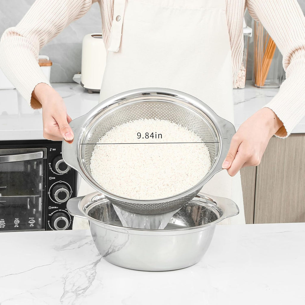304 Stainless Steel Microporous Colander with Handle, Rice Washers Microporous Strainer Set For washing vegetables, fruits and rice, and draining cooked pasta.