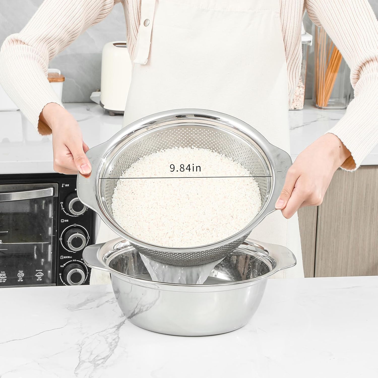 304 Stainless Steel Microporous Colander with Handle, Rice Washers Microporous Strainer Set For washing vegetables, fruits and rice, and draining cooked pasta.