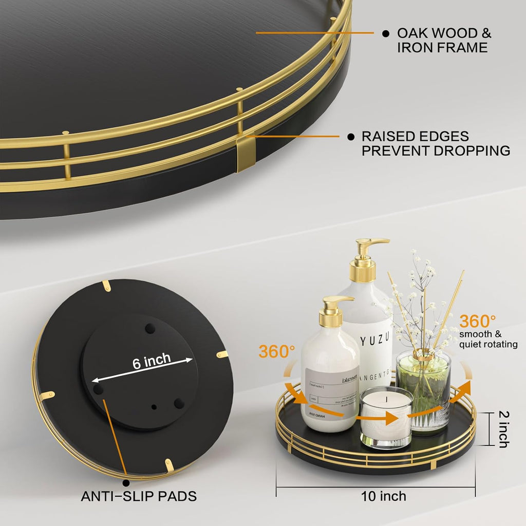 10" Oak Wood Decorative Tray for Home Decor, Tray for Coffee Table Decor Perfume Nightstand Vanity Bathroom Trays for Counter Candle Jewelry Makeup Farmhouse Table Centerpiece for Dining Room Gold