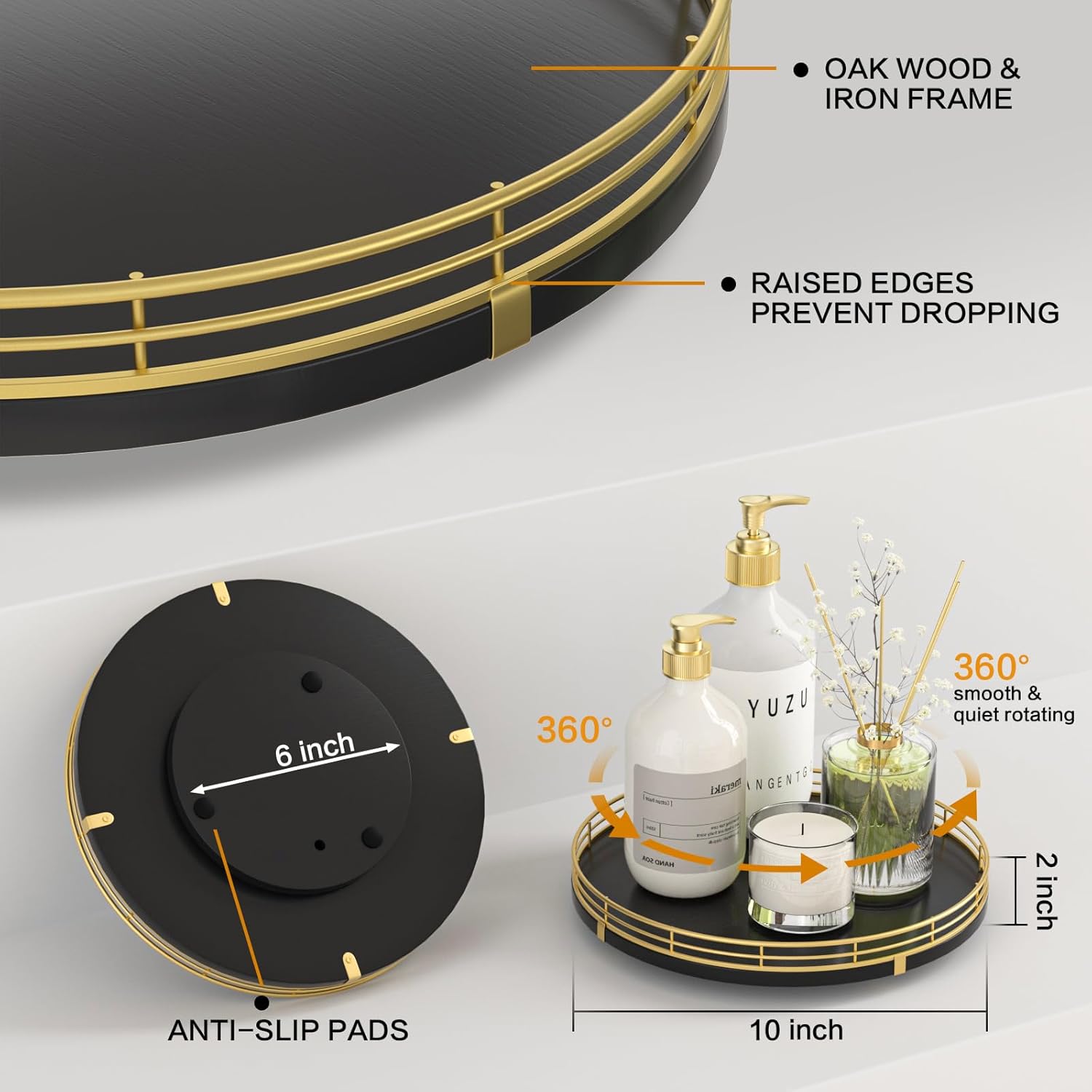 10" Oak Wood Decorative Tray for Home Decor, Tray for Coffee Table Decor Perfume Nightstand Vanity Bathroom Trays for Counter Candle Jewelry Makeup Farmhouse Table Centerpiece for Dining Room Gold