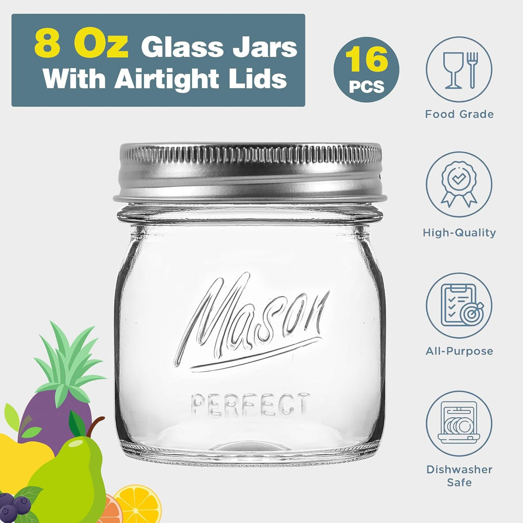 16 Pack 8 oz Mason Jars with Regular Airtight Lids - Glass Canning Jars 8 oz, Mini Mason Jars for Jam, Jelly, Honey, Overnight Oats, Party Favors, Shower Favor, Separable Lids