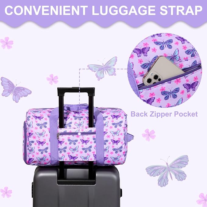 Girls Overnight Duffle Bag,RAVUO Cute Butterfly Kids Sport Gym Bag with Shoe Compartment, Carry On Weekender Travel Bag for Teens