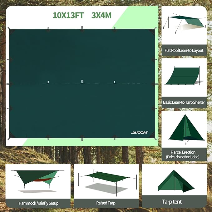 Waterproof Camping Tarp - 10X13ft Hammock Rain Fly, Ultralight & Portable & UV Protection Backpacking Tarp, Multifunctional for Outdoor Adventure, Hiking, Tent, Hammock