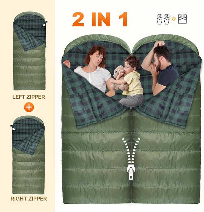 Flannel Sleeping Bag 0 Degree Cold Weather for Adults XXL Sleeping Bag 4 Season Big and Tall with Compression Sack