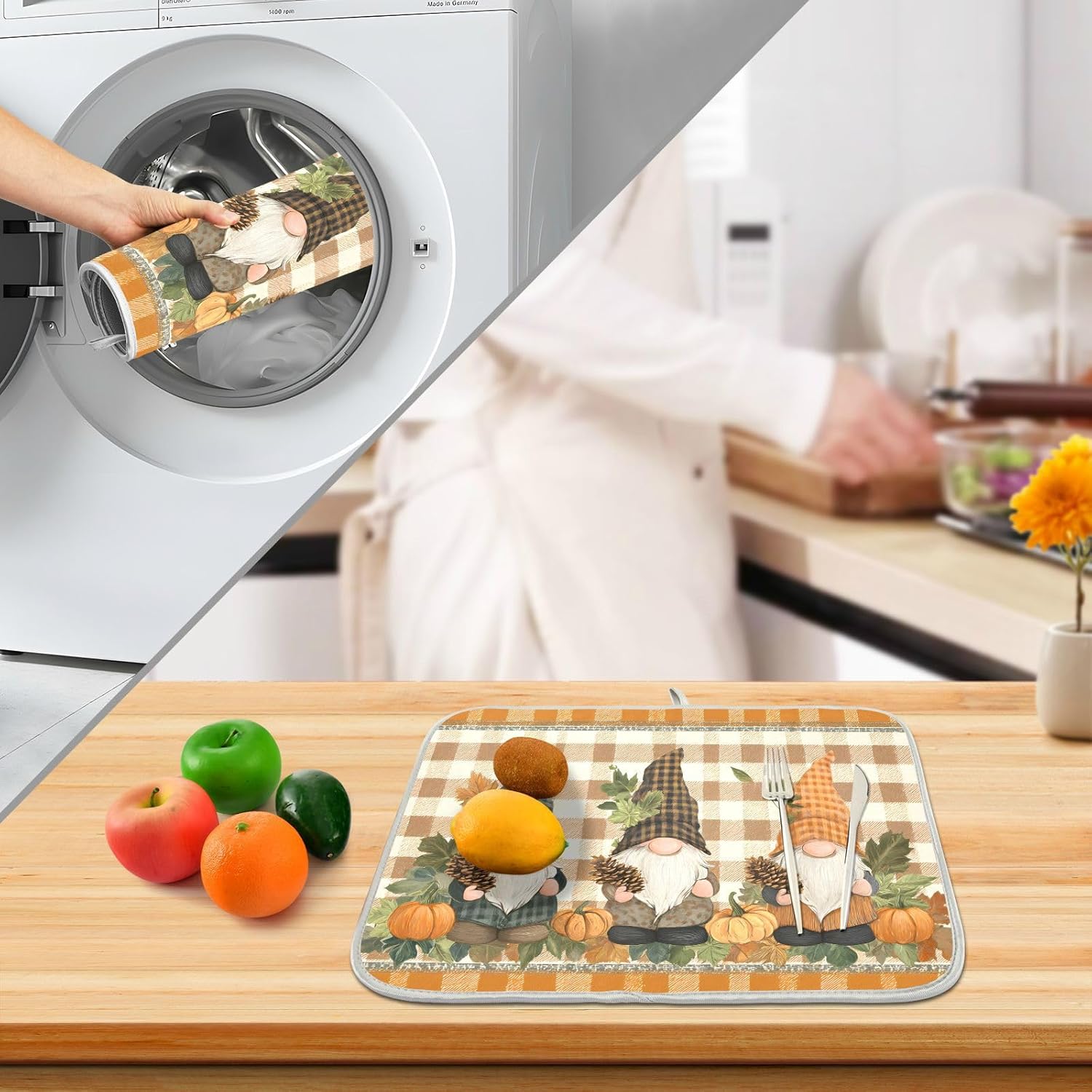 Fall Pumpkin Gnomes Maple Leaves Autumn2 Dish Drying Mat for Kitchen Counter Absorbent Microfiber Small Drying Pad Dish mats for Kitchen Countertops 16 x 18 Inch