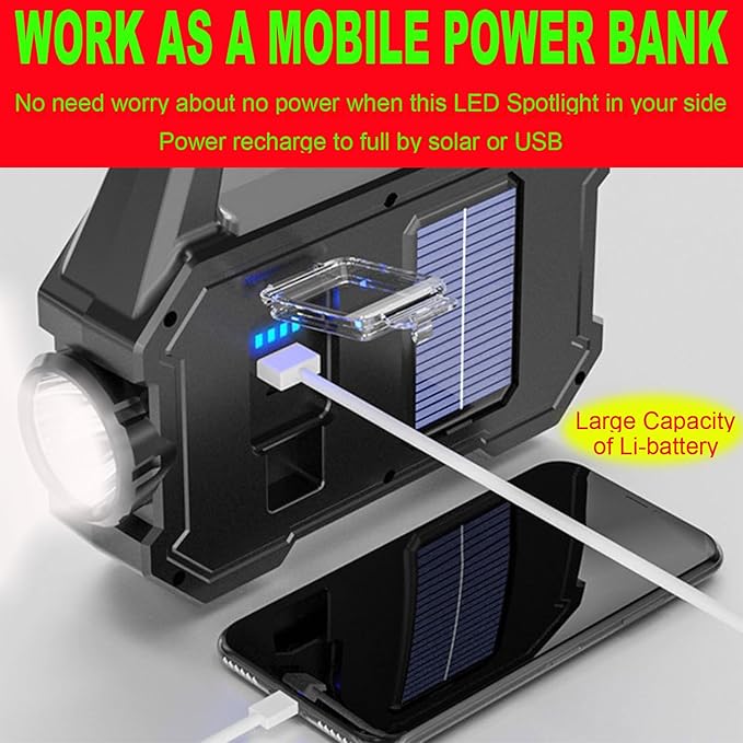Solar Rechargeable LED Spotlight Flashlight, Super Bright 6000LM Handheld LED Searchlight, Multi-functional Portable Lamp Camping Lantern Flashlight, 6 Light Modes, Power Bank, IPX4 Waterproof