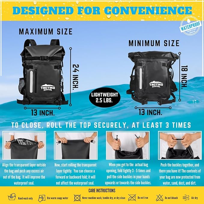 30L Heavy-Duty 100% Waterproof Backpack - Equipment Pocket, Carabiner - Roll Top Floating Dry Bags (Jet Black)