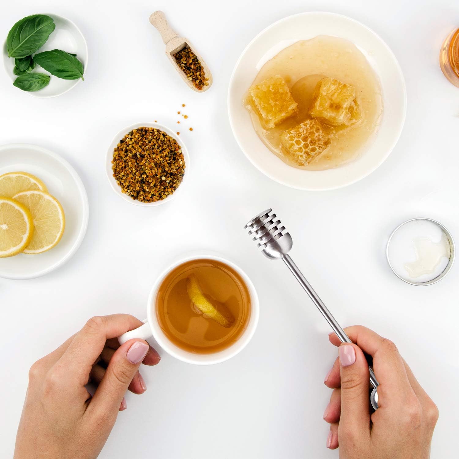 DUGATO Honey Dipper Set (2 Pack, 6.3") - 304 Stainless Steel Honeycomb Sticks for Honey Pot Jar, Syrup Drizzler, Tea & Coffee Stirrer - Elegant Kitchen Utensil (Stainless Steel)