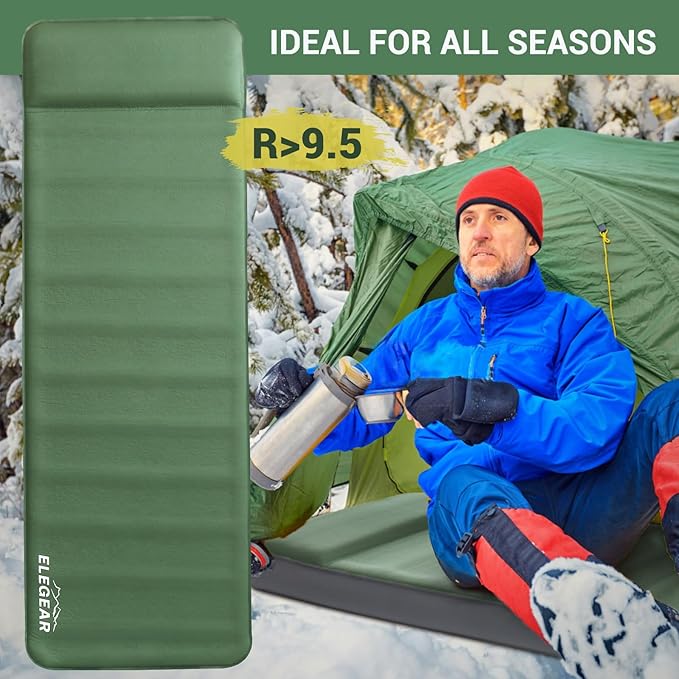 Elegear Air & Foam Self Inflating Sleeping Pad, Built-in Electric Pump 4" Ultra-Thick Memory Foam Camping Mattress with Pillow Camping Pad 4-Season R-Value 9.5 Camp Mat for Car/Traveling - Single