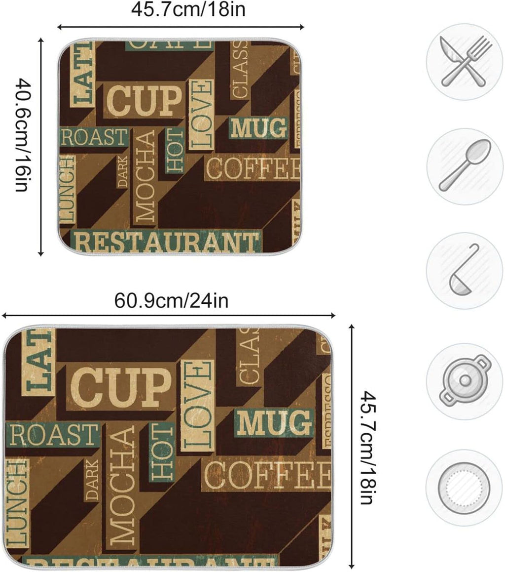 senya Super Absorbent Dish Drying Mat, Microfiber Fast-Drying 24'' x 18'', Kitchen Pad, Coffee Themed Seamless Retro