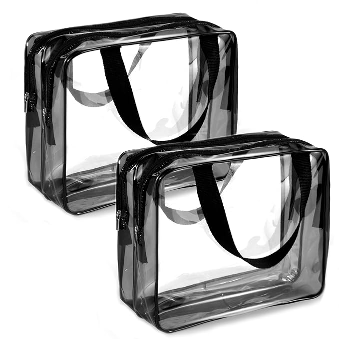 2Pcs Crystal Clear PVC Travel Toiletry Bag Kit for Women Men, Waterproof Vinyl Organizer Clear Makeup Bags with Zipper, Cosmetic Bag Pouch Carry on Airport Airline Compliant Bag Handbag (Double Layer)