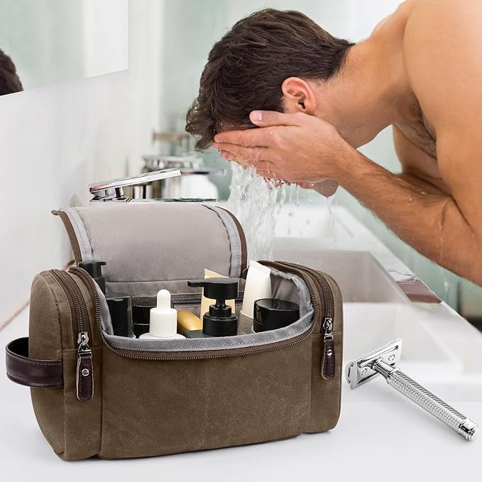 ZOMFELT Travel Toiletry Bag for Men, Travel Essentials Shaving Dopp Kit, Canvas Mens Toiletry Travel Bag, Water Resistant Cosmetic Bag for Toiletries Accessories, Brown