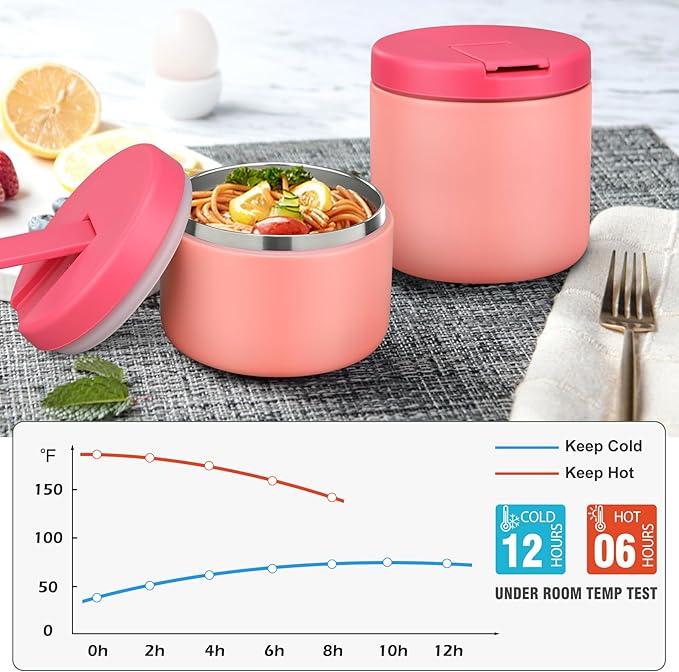 17 OZ Soup Thermo for Hot Food Insulated Vacuum Food Jar with Buckle Lid, Stainless Steel Wide Mouth Leak Proof Lunch Container for School Travel Pink