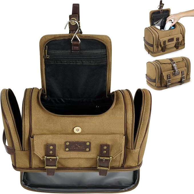 ARCFOX Travel Hanging Toiletry Bag for Men, Vintage Canvas Large Toiletry Bag with 7 Compartments, Camping Gym Travel Toiletry Kit Organizer with PVC Wet & Dry Pockets, Personalized Wash Bag, Brown