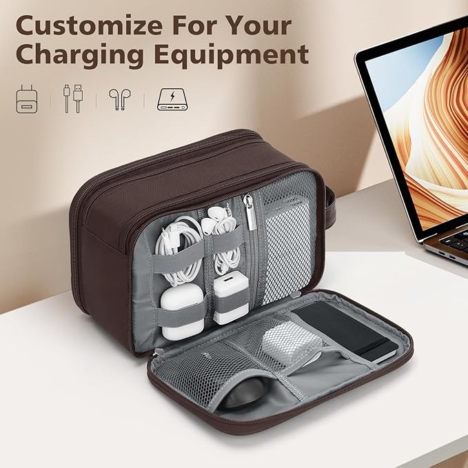 Wedama Toiletry Bag for Men, Medium Hanging Travel Toiletry Bag, Extra Electronic Organizer Bag Waterproof Shaving Bag for Toiletries with PU Handle for Travel Business Trips Swim Camping, Brown