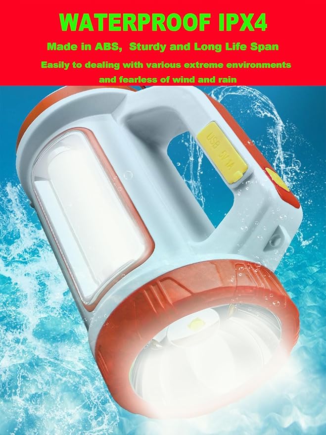 Solar LED Searchlight, Rechargeable Super Bright 10000LM Handheld LED Spotlight Lantern, Multifunctional LED Camping Lamp Flashlight, 5 Light Modes, Power Bank, IPX4 Waterproof, for Emergency