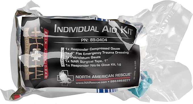 North American Rescue Individual Aid Kit NAR Compact First Aid with Compressed Gauze, Petrolatum Gauze, ETD, Gloves, Surgical Tape (85-0404)
