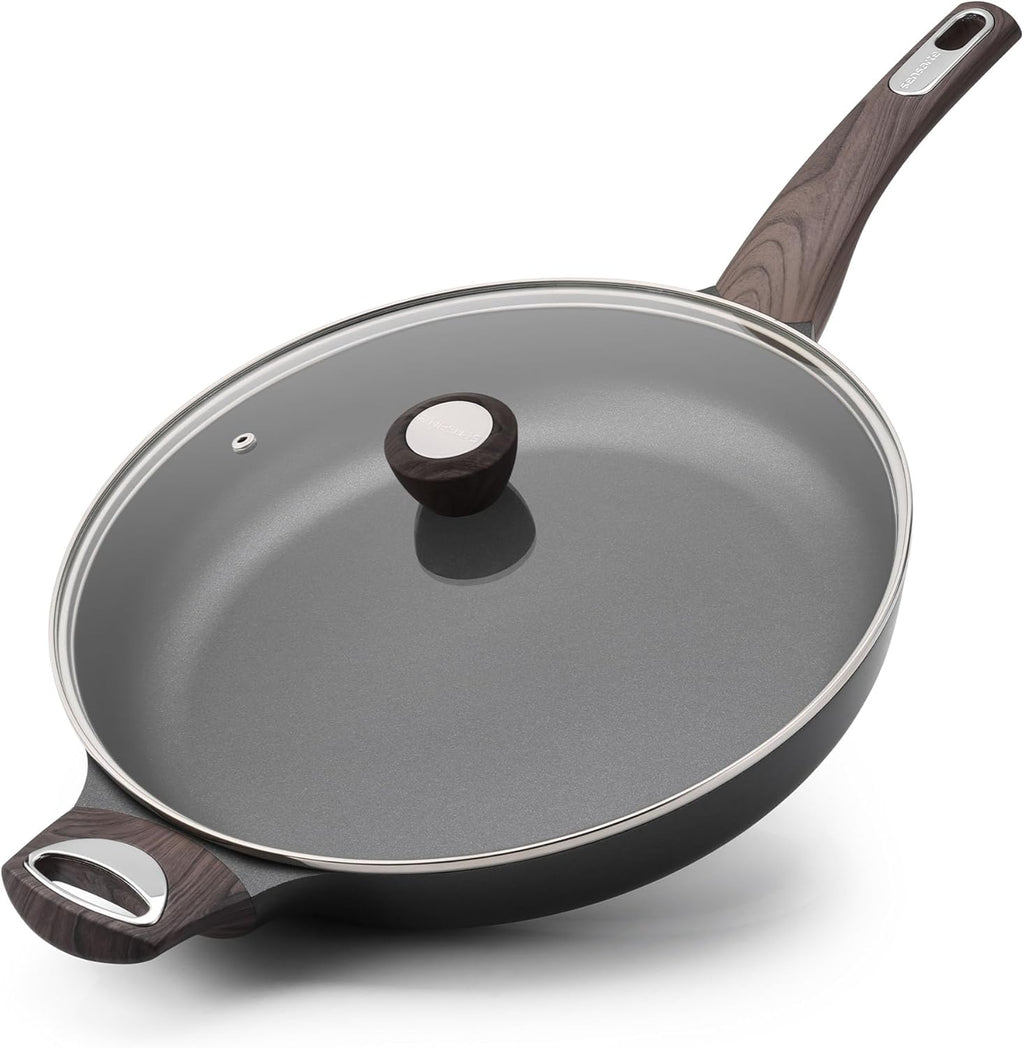 SENSARTE Ceramic Nonstick Frying Pan Skillet with Lid, 12.5 Inch Non Stick Pan Omelette Pans, Healthy Kitchen Cooking Chef's Pan, Free of Intentionally Added PFOA/PFOS, Induction Compatible, Black