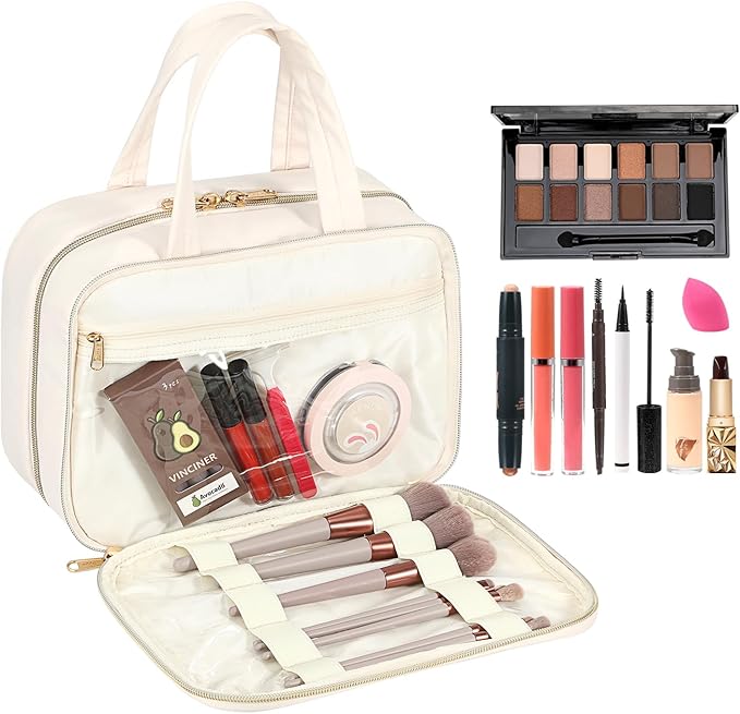 Voova Hanging Travel Toiletry Bag for Women Men, Waterproof Makeup Cosmetic Organizer Holder for Toiletries Accessories, Traveling Essentials,Shampoo,Full-Sized Container, Brushes Kit Set, Beige