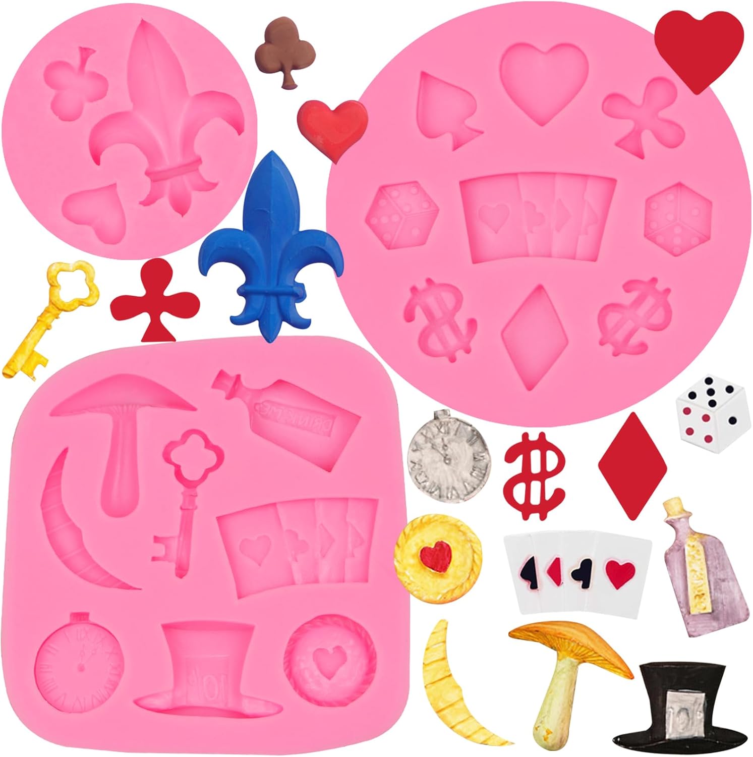 Poker Silicone Molds 3 Pcs, 3D Casino Themed Chocolate Molds Alice Wonderland Hat Fondant Mold for Cake Decoration Candy Cupcake Topper Cake Pop Popsicle Birthday Party Polymer Clay Crafts