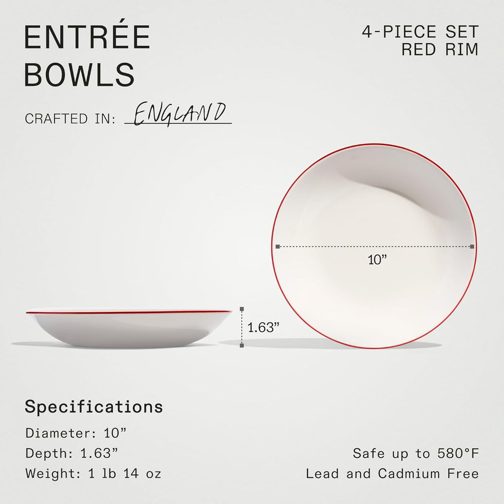 Made In Cookware - Set of 4 - Entrée Bowls - White With Red Rim - Porcelain - Crafted in England