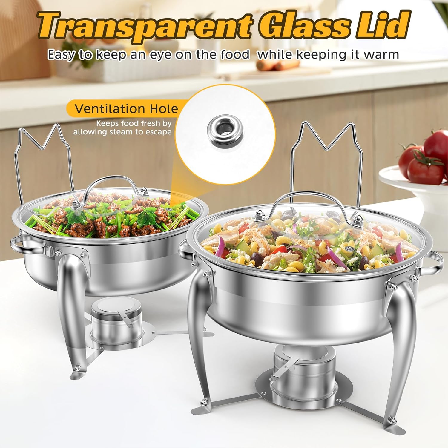 6 QT Chafing Dish Buffet Set with Serving Spoons, 2 Packs Stainless Steel Round Chafing Dishes with Glass Lid & Lid Holder, Food Warmers for Parties Buffet Weddings Catering Events