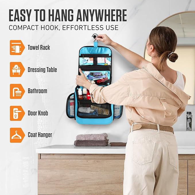 VENTURE 4TH Hanging Travel Toiletry Bag for Women & Men - Travel Organizer with Expandable Compartments & Removable Clear Pouch for Toiletries (Light Blue)