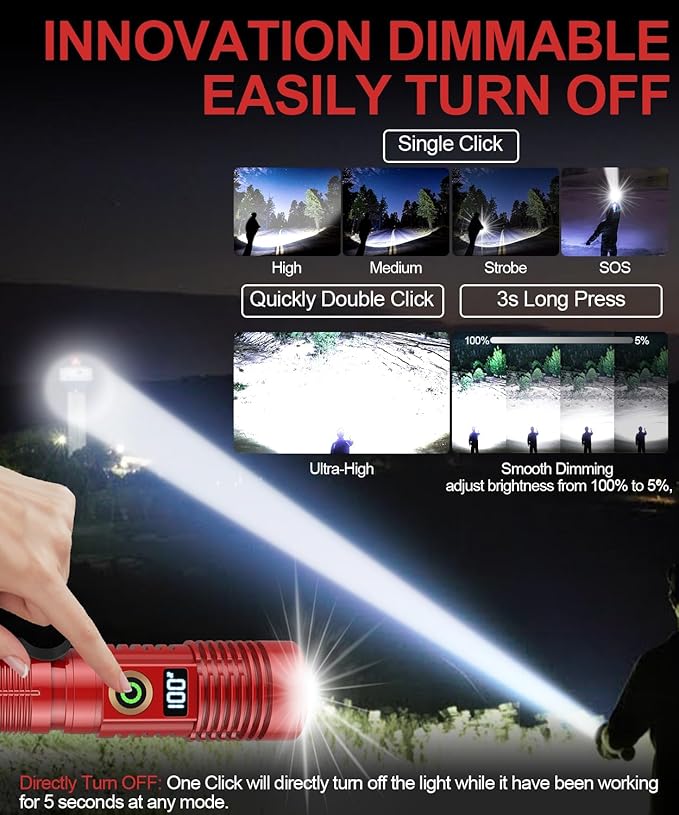 Rechargeable Flashlight High Lumens-12000LM Super Bright Magnetic Flash Light with Power Digital Display,3280Ft Long Range,Dimmable,Waterproof,Pocket Tactical LED Flashlights for Emergency,Red 1PC