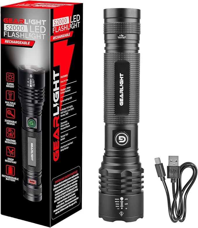 GearLight S2000 LED Rechargeable Flashlight High Lumens - Super Bright, Powerful, Mid-Size Tactical Flashlight for Outdoor Activity & Emergency Use