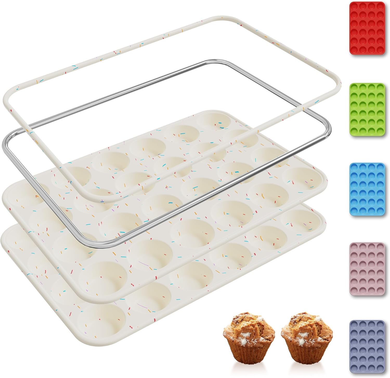 2 Pack 24 Cups Silicone Mini Muffin Pan with Metal Reinforced Frame Silicone Molds Cupcake Cake Baking Cheesecake Pans Cookie Baking Chocoflan Cupcake Mold Mini Bundt Cake Pan Women Gift