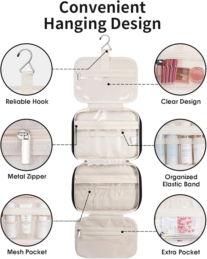 Narwey Hanging Toiletry Bag for Women Travel Makeup Bag Organizer Toiletries Bag for Travel Size Essentials Accessories Cosmetics (Black (Medium))