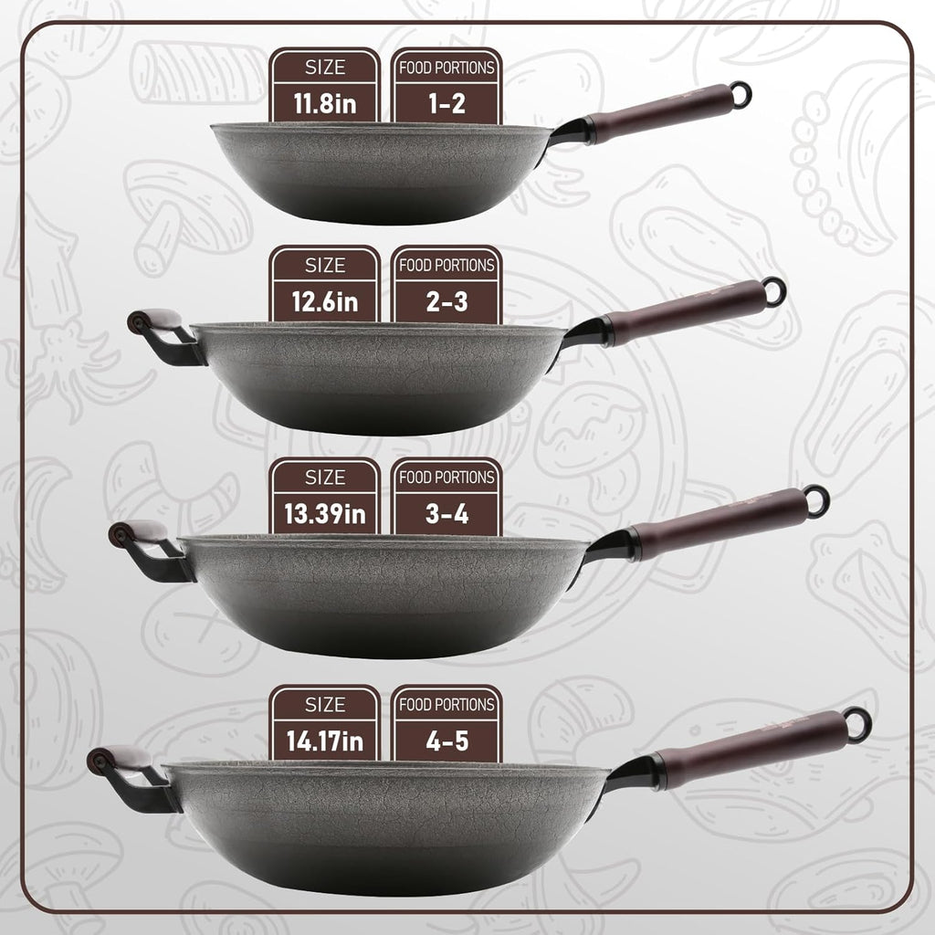 HONGJIANG Cast Iron Wok Pan, 13.4" Pre-Seasoned Flat Bottom Wok,Coating-Free Wok Stir Fry Pan With Glass Lid,Compatible Traditional Chinese Wok For Induction, Electric, Gas,Open Fire