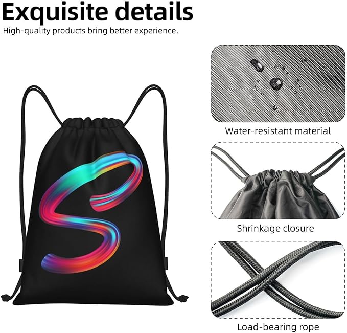 Drawstring Bags Initial Drawstring Backpack Sackpack Black Draw String Cinch Bags for Sports, Gym, Travel, Swimming, Beach, Camping, Rainbow Letter S