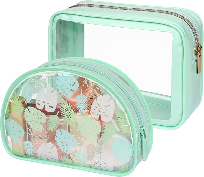 PACKISM TSA Approved Toiletry Bag - Light Green Turtle Leaves Print Clear Shell Bag and Upgrade Color-Edged Clear Toiletry Bags, Perfect for On the Go or Travel, Lightweight and Robust, 2 Pack