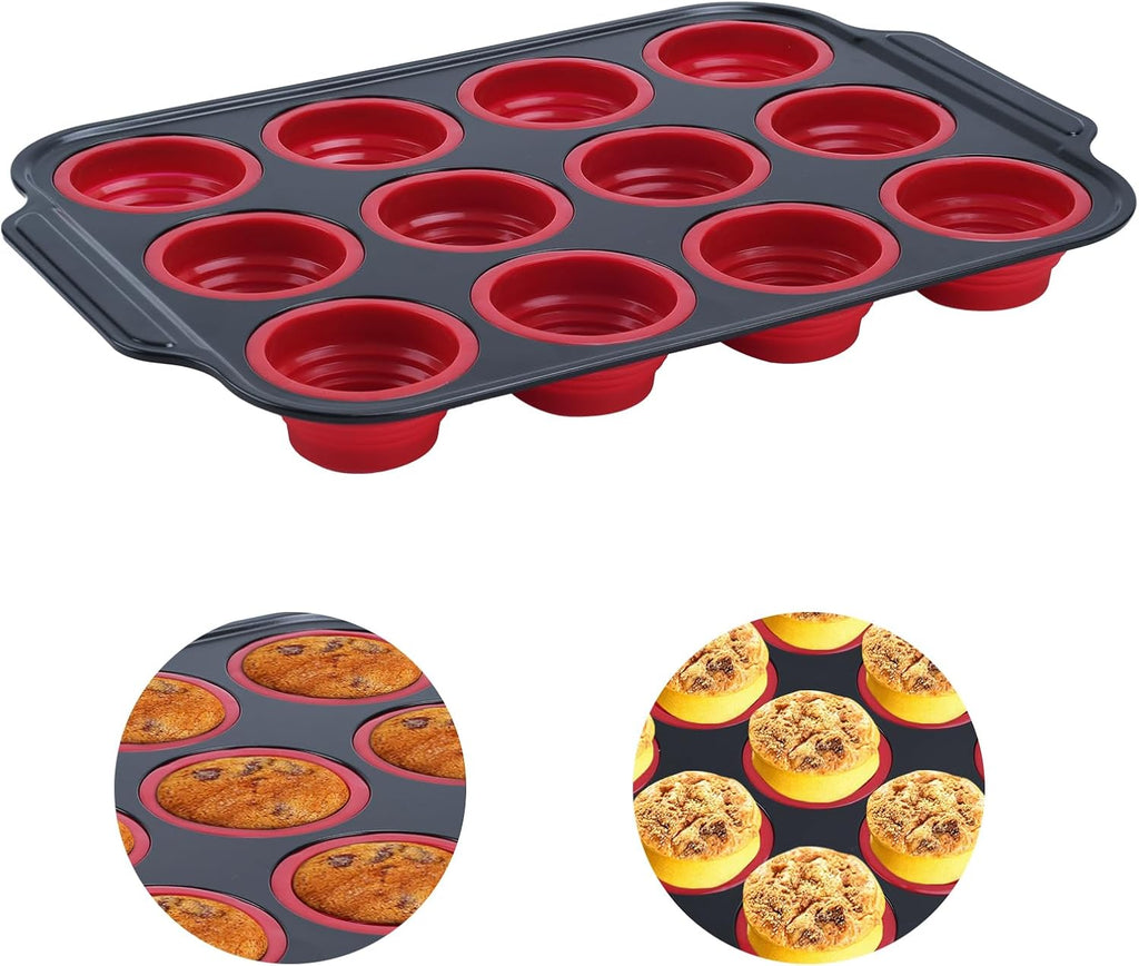 Silicone Muffin Pan, 12 Cups Cupcake Pans with Metal Frame Nonstick Muffin Tins Easy to Pop Out for Baking Cupcake Egg Bites BPA-free Cupcake Pan Mold (12 Cups-Red)