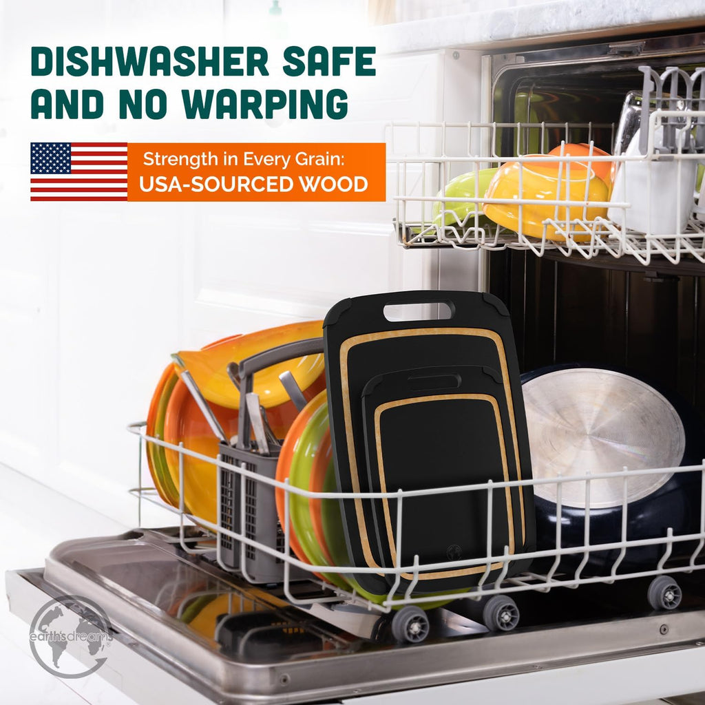 Earth’s Dreams Wood Cutting Board Set 3-Piece: Small, Large & Extra Large - Charcuterie Board, Non-Plastic, Non-Toxic, Heavy-Duty, Dishwasher Safe (Black/Tan)