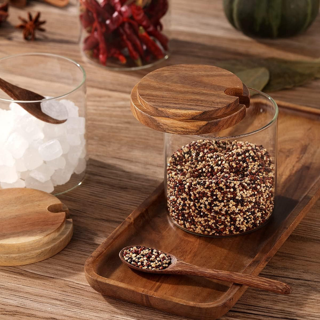 3 Pack 250ml / 8.5oz Clear Glass Spice Jar with Acacia Wooden Lid and Spoon, Classic Style, Kitchen Storage Container, 3.2 inches (diameter) x 3.5 inches (height)