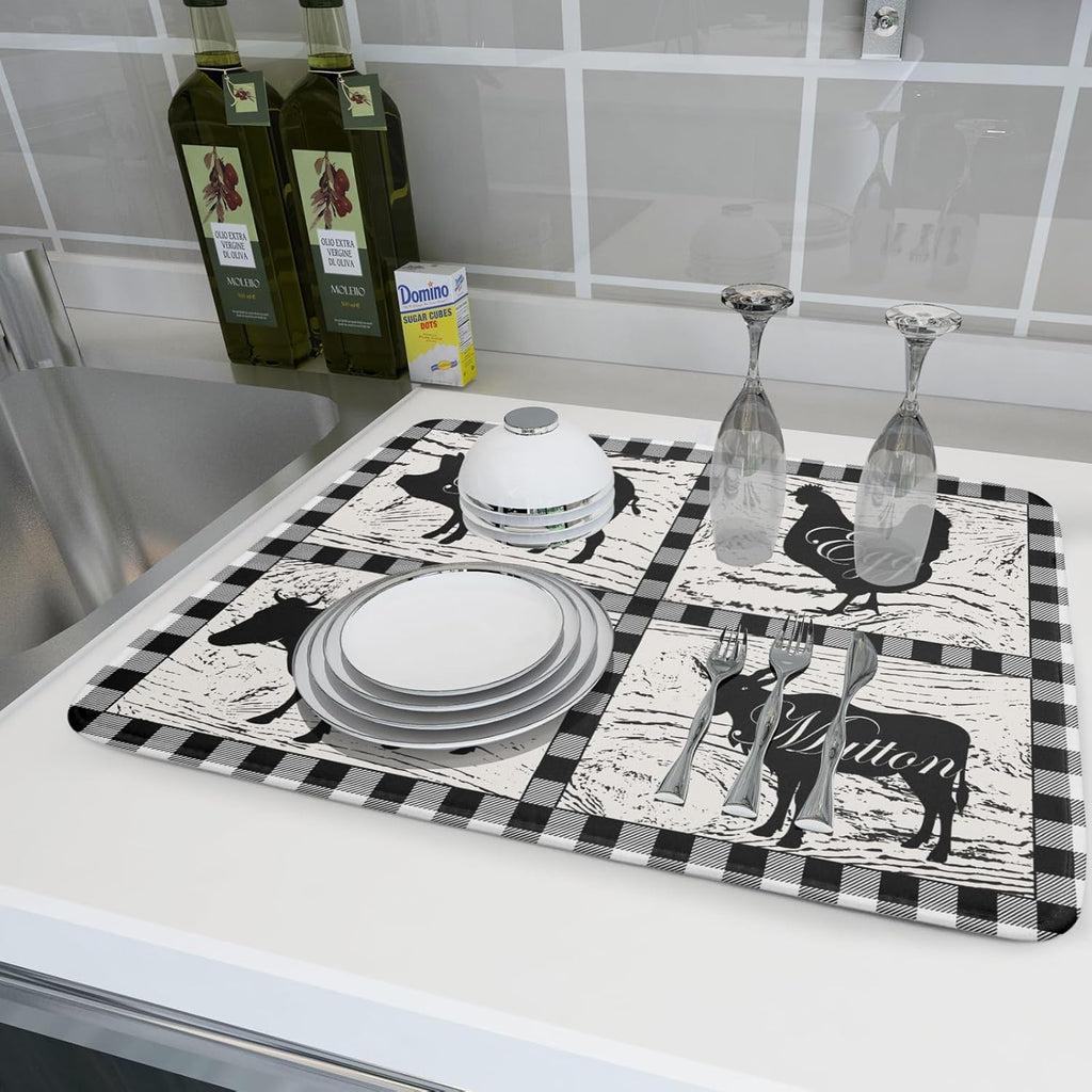 Farmhouse Animal Dish Drying Mat Buffalo Plaid Drainer Rack Mats Fast Dry Absorbent Kitchen Countertop Protector Dishes Pad 18x24 Inch