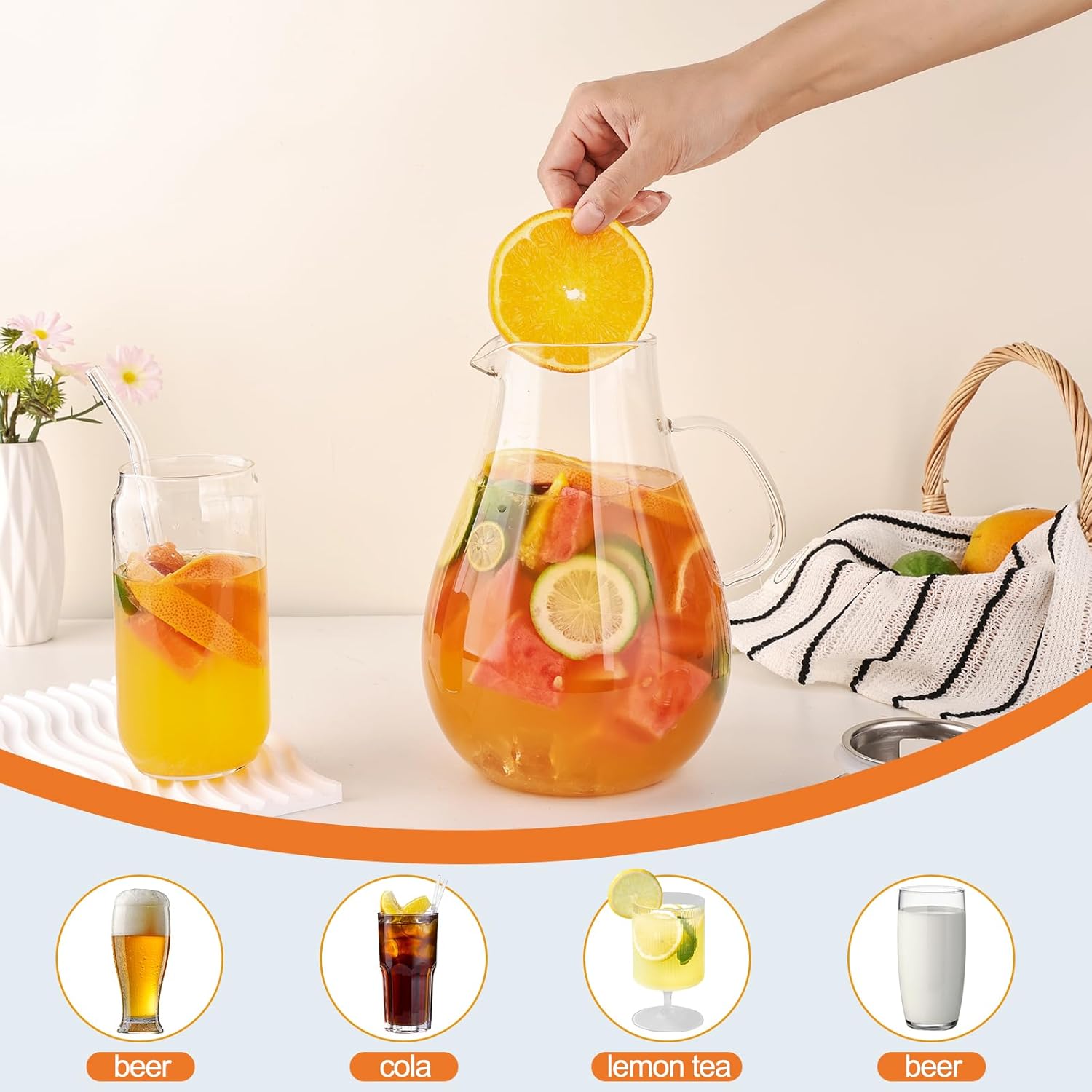 2500ml Glass Pitcher with Lid, 88 Ounces with Precise Scale Line, Hot/Cold Water Jug, Juice and Iced Tea Beverage Carafe with Lid