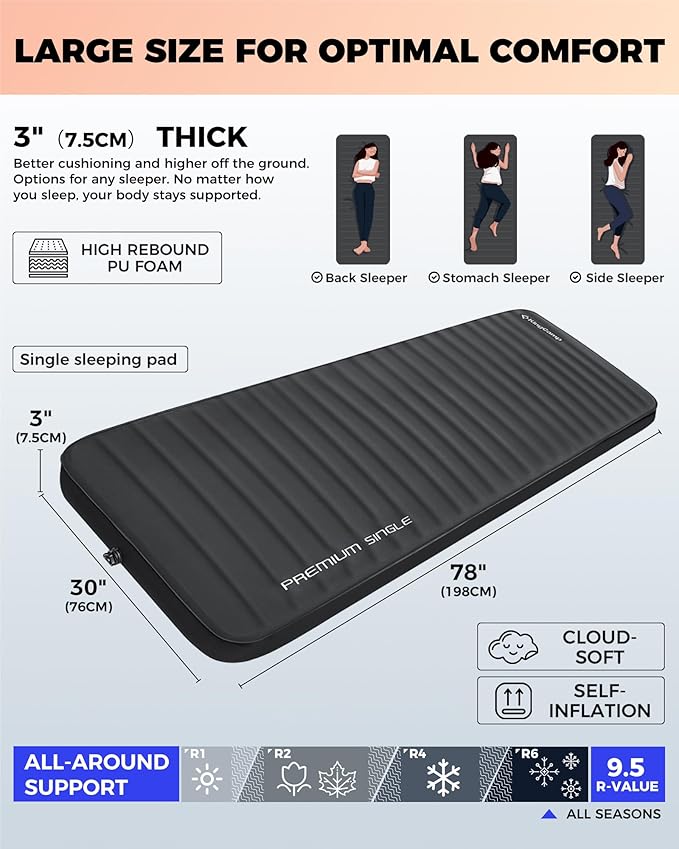 KingCamp Sleeping Pad for Camping, Self Inflating R 9.5 Sleeping Pad for All Seasons, 3" Thick Camping Mattress Mat for Outdoor Tent Cot Car Backpacking, PVC Free (Black)