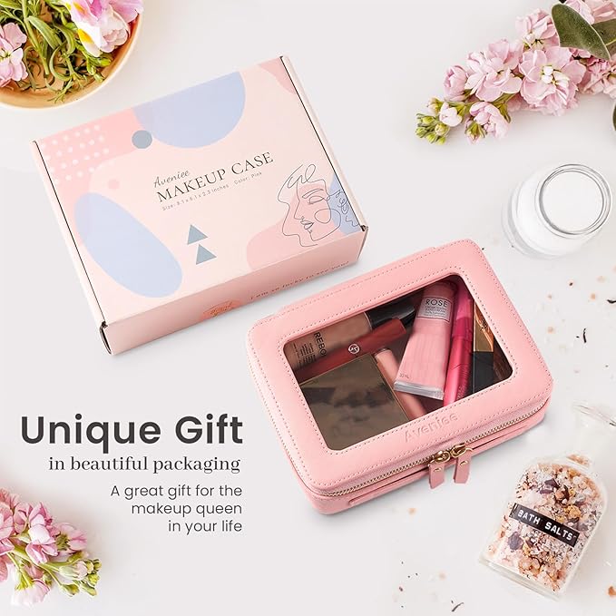 Aveniee Clear Makeup Bag Organizer, Portable Travel Toiletry Cosmetic Bag Case for Women, Heavy Duty Vegan Leather Make Up Pouch Car Bag for Essentials 2pcs(Middle & Large) - Pink