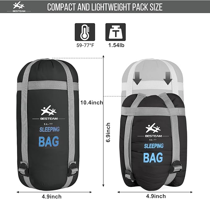 Warm Weather Sleeping Bag - Portable Waterproof Compact Lightweight, Packable for Kids, Teens Adults Camping Backpacking Hiking, Spring Summer Fall