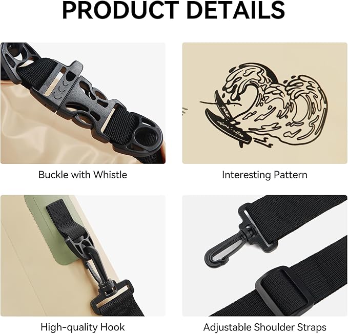 20L Waterproof Dry Bag Tough & Water-repellent Storage Bag with Adjustable Shoulder Straps Lightweight Portable Backpack Dry Bags for Kayaking Boating Camping Khaki