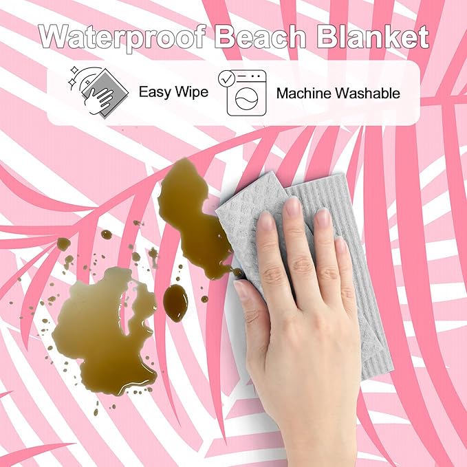 110''×118'' Pink Beach Blanket 2-8 Adults, Large Waterproof Sandproof Beach Mat w/ Stakes & Pockets, Polyester Compact Foldable Sand Free Camping Picnic Blanket for Outdoor, Grass, Park - Palm Leaves